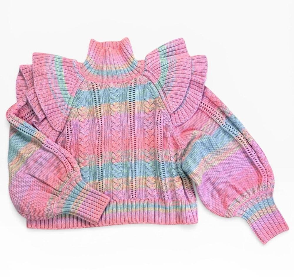 Pastel Rainbow Cable Knit Sweater XS Something Navy Ruffle Shoulder Knit Preppy